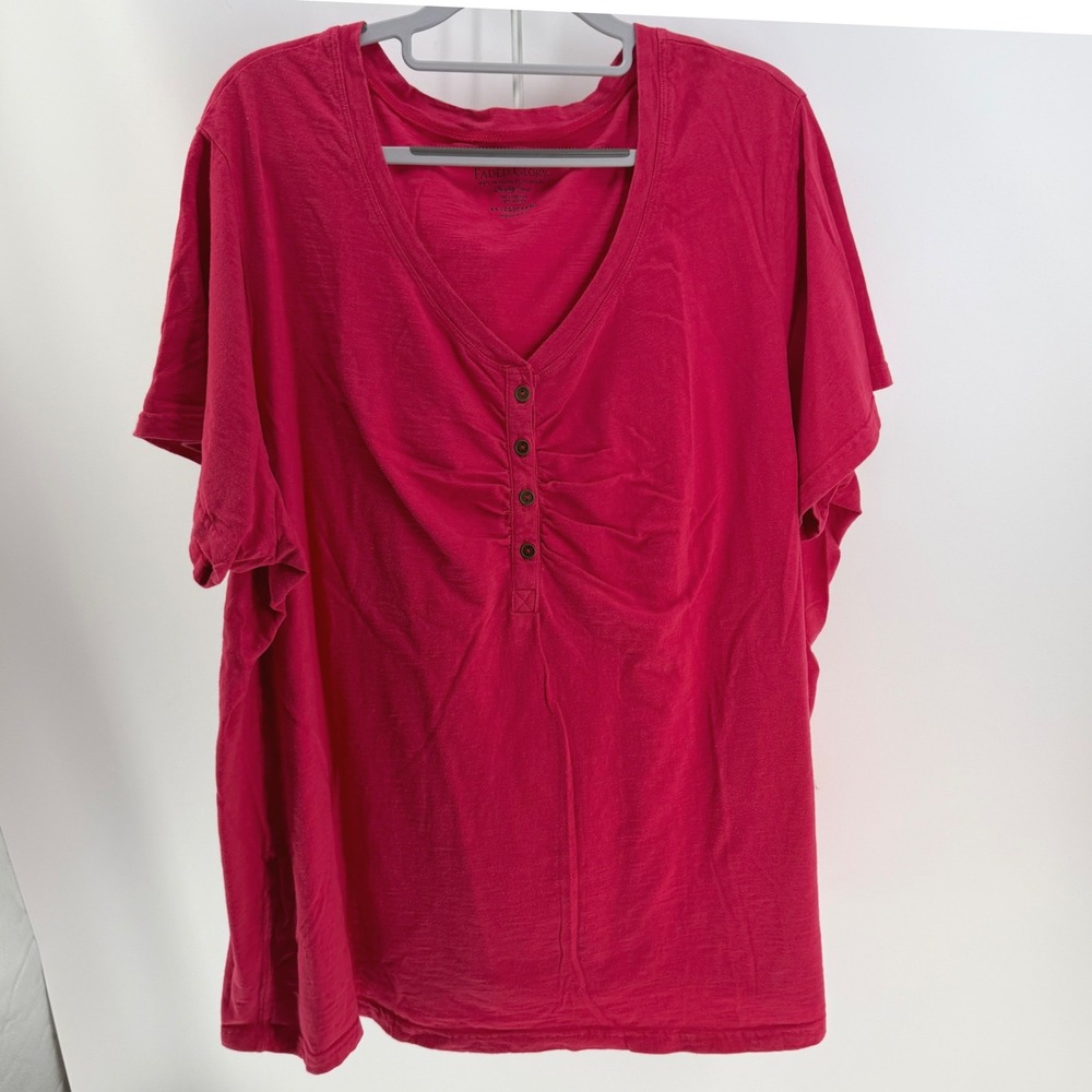 Faded Glory Henley Top Women 4X Pink Cotton Short Sleeve Ruched Casual Babydoll‎